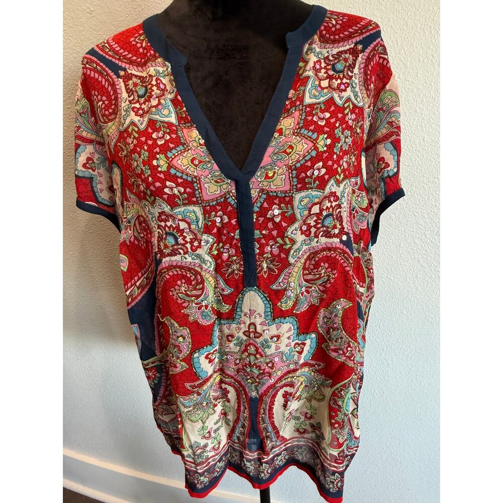 Bila Womens XXL Paisley Tunic Top Red Navy Turquoise Beaded Boho V Neck Rayon